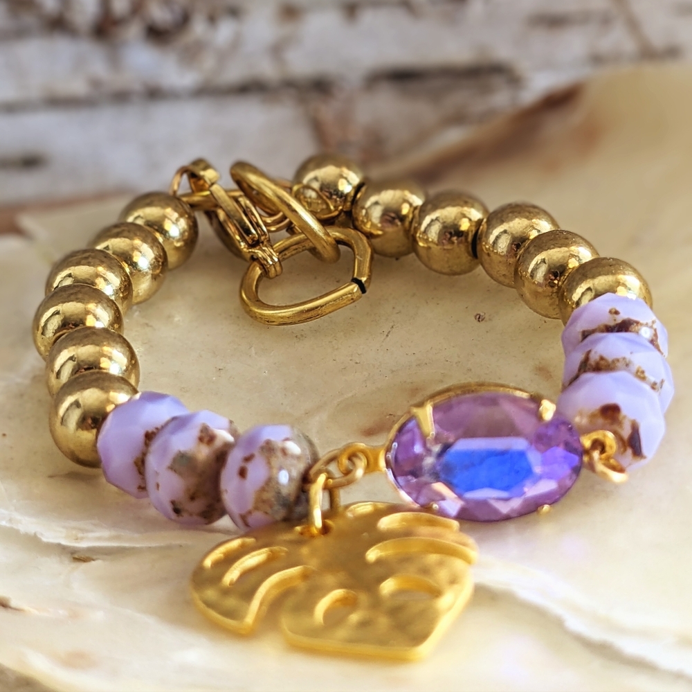 Lavender Glass w/ Purple AB Center and Gold Beads In Gold Plated Bracelet